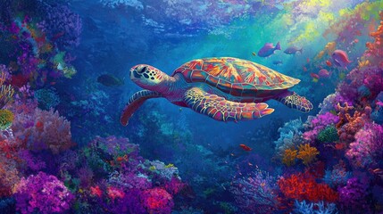 Fototapeta premium Vibrant Turtle Swimming Through Colorful Coral Reef in an Enchanting Underwater Scene Filled with Marine Life and Lush Vegetation
