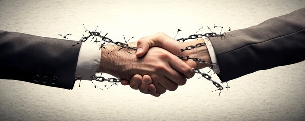 Businessmen Shaking Hands with Broken Chains: Symbol of Unstable Financial Agreements