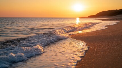 Golden Sunset Wave Crashing on Sandy Beach