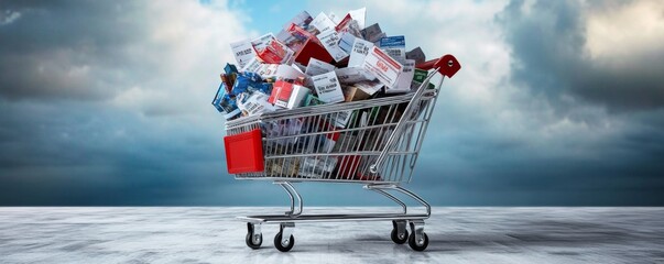 Consumer Inflation Impact - Overloaded Shopping Cart with Growing Price Tags