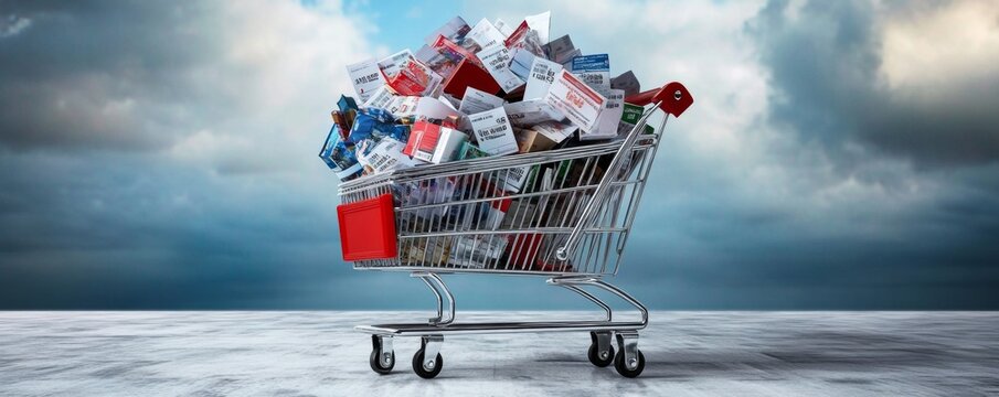 Consumer Inflation Impact - Overloaded Shopping Cart with Growing Price Tags