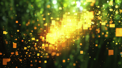 Digital background featuring vibrant yellow and orange pixels amidst lush green backdrop, creating futuristic and dynamic atmosphere