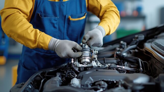 A mechanic in a blue jumpsuit works on a car engine, focusing on a component with tools in a well-lit garage environment.