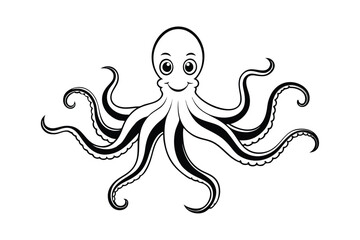 Octopus Line Art Vector - Minimalist Marine Creature Outline, Black & White Nautical Illustration Design