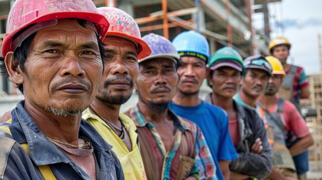 As the project nears completion a group of migrant workers proudly pose for a photo in front of the building symbolizing their hard work and significant contribution.