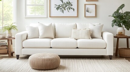 Cozy and Inviting Living Room Setup Featuring a Stylish White Sofa with Decorative Cushions and Natural Elements in a Bright, Airy Space