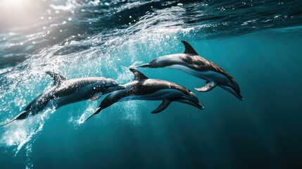 Fototapeta premium Three dolphins swim together in the ocean, with sunlight streaming down through the water.