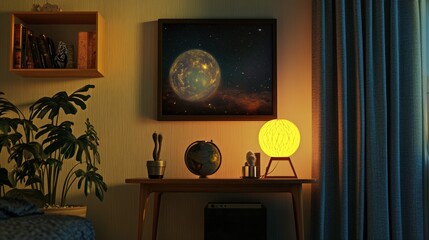 Cozy interior with a glowing lamp, planet artwork, and decorative elements creating a serene atmosphere for relaxation and creativity in a stylish home environment
