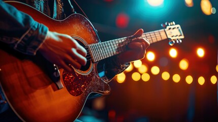 Obraz premium Close-up of a Guitarist's Hand Playing an Acoustic Guitar on Stage with Blurred Lights in the Background