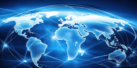 Digital world map with glowing connections representing global networking and technology. image conveys sense of interconnectedness and modernity