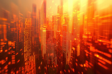 Obraz premium vibrant cityscape illuminated by glowing orange lights creates dynamic atmosphere, showcasing blend of modern architecture and digital elements. abstract representation evokes sense of energy and