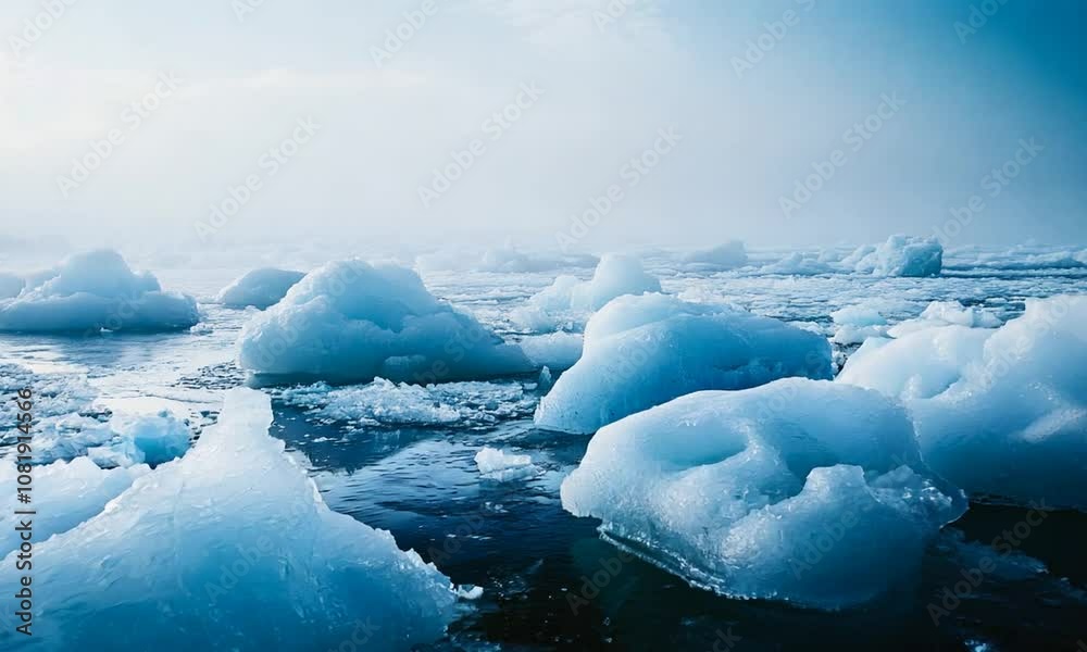 Poster Majestic Arctic Icebergs Floating in Tranquil Polar Seas Under Misty Atmosphere : Generative AI