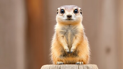 A cute meerkat stands alert on a log, showcasing its curious expression, This image is ideal for wildlife articles, educational material, or blogs about animal behavior and ecology,