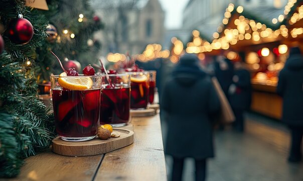 A group of people are standing in front of a Christmas tree with a table of drin