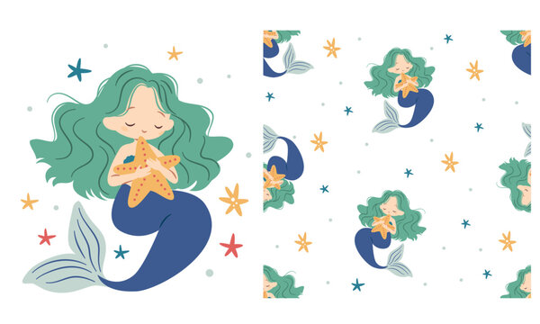 Vector set for printing on children's products. Cute mermaid and starfish. Seamless vector pattern . Vector illustration