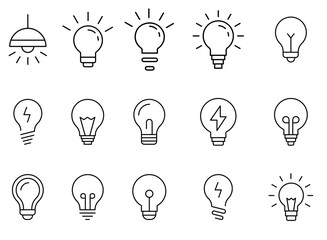  Light Bulb line icon set vector, isolated on white background. Idea sign, solution, thinking concept. Lighting Electric lamp. Electricity, shine. Trendy Flat