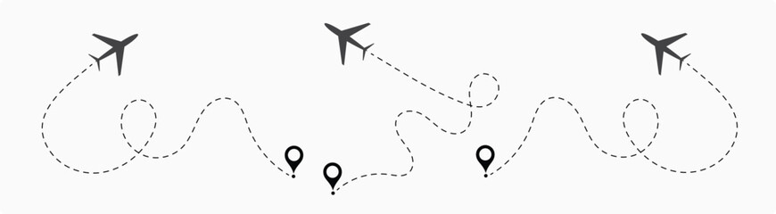 air plane reach in the destination. air plane route. airplane location. destination. reach. landing. dotted line.