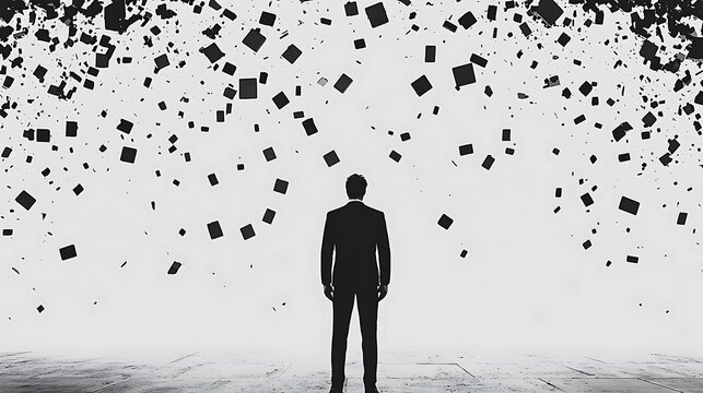 Abstract Concept of Transformation and Change with a Silhouetted Businessman Against a Dark and Light Background Showing Floating Forms and Shapes in a Creative Style