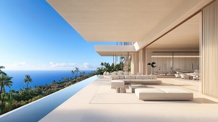 Fototapeta premium Modern luxury villa with stunning ocean view and seamless indoor-outdoor living space under clear blue sky surrounded by tropical palm trees
