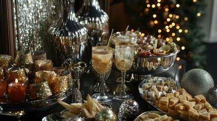 Stylish New Year's Buffet Table Featuring Festive Snacks and Elegant Decor for a Celebratory Atmosphere and Memorable Gatherings