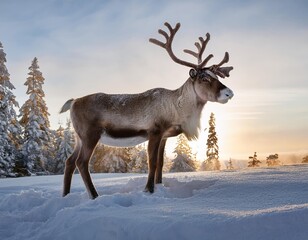 Fototapeta premium Reindeer standing in snowy landscape at sunset
