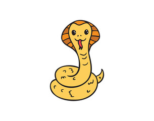 Hand drawn cute cartoon yellow color outline simple snake. Kind doodle snake smile isolated on white background.