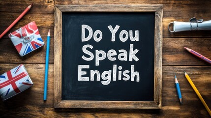 A chalkboard with the phrase "Do You Speak English" written on it, surrounded by colorful pencils and flags.