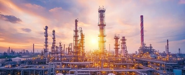Modern industrial plant with steel pipes and machinery against a blue sky background. Energy production or biological process concept