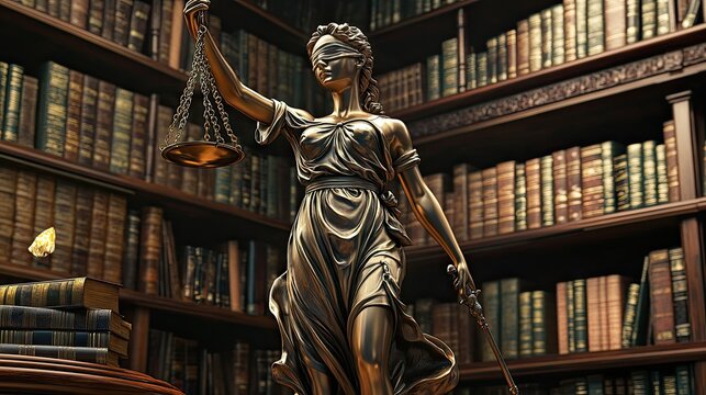A majestic bronze statue of Lady Justice stands blindfolded in a library filled with ancient books.