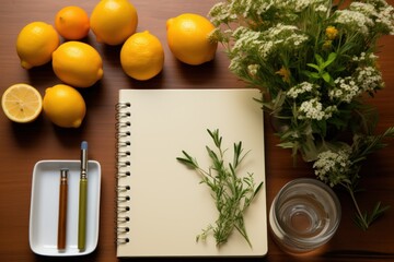 Lemons, sketchbook, and flowers on a wooden table