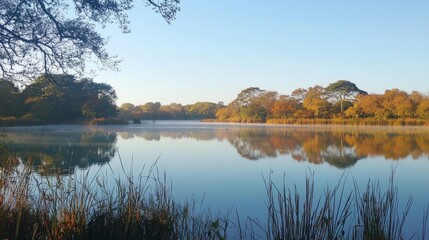 Obraz premium Early morning tranquility at a serene lake surrounded by autumn foliage and mist, capturing the beauty of nature at dawn