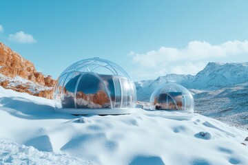 Geodesic transparent pods nestled in a serene snowy landscape, blending modern design with nature's beauty.