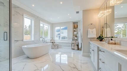 Modern Bathroom with Freestanding Tub, Marble Floors, and Large Windows