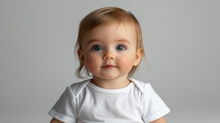 A curious baby with expressive blue eyes sits in a simple white shirt against a neutral background, showcasing innocence and curiosity