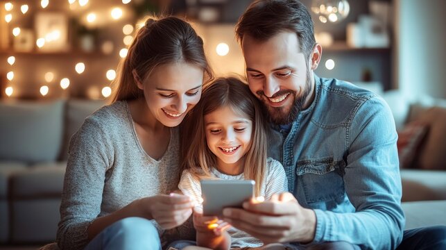 Happy Family Enjoying Secure Internet Connection at Home, Online Safety and Parental Control Concept