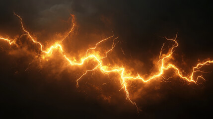 dramatic display of orange and golden lightning bolts illuminates dark sky, creating striking contrast that evokes sense of power and energy