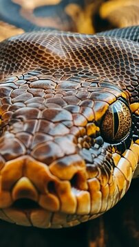 A close-up of a python's face shows its intricate scales and keen eye