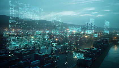 Analyzing supply chain security risks port location digital infrastructure industrial environment aerial view cybersecurity concept