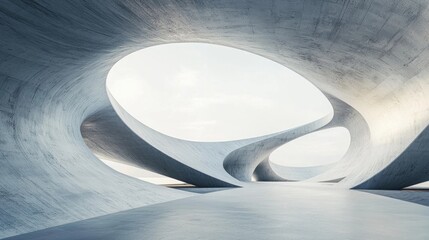 Modern architectural design featuring curved concrete forms in a spacious, minimalist environment under soft natural light