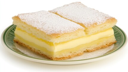 Two Slices of Custard-Filled Pastry with Powdered Sugar on a Green Plate