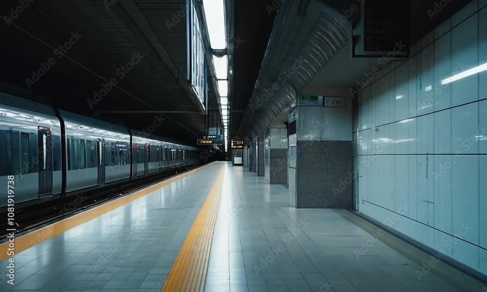 Poster Empty Subway Platform Illuminated with Bright Advertisements : Generative AI