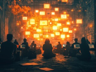 A silhouette of a business team discussing digital marketing plans