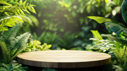 serene wooden podium surrounded by lush green plants and ferns creates tranquil atmosphere, perfect for showcasing products or presentations