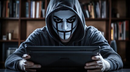 Male subject wearing a mask, immersed in dark lighting while browsing on a tablet, creating a mysterious and intense atmosphere.