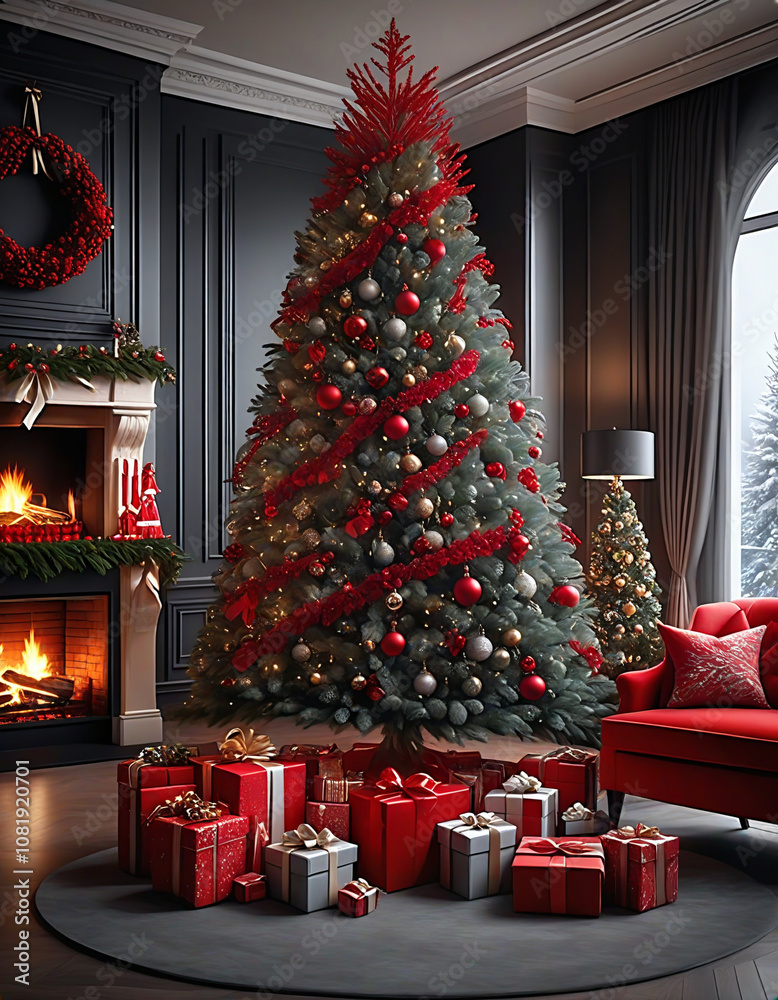 Wall mural Living room decorated for Christmas with red theme Christmas tree, fireplace and sofa. Christmas image. Card design.赤色のテーマのクリスマスツリーと暖炉とソファーのあるクリスマスの飾りをしたリビングルーム。クリスマスのイメージ。カードデザイン。