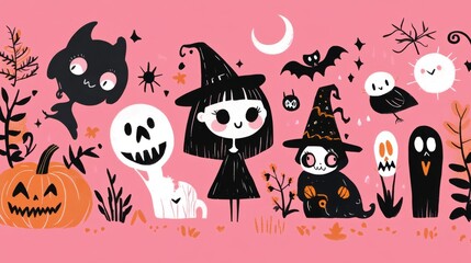 Cute Halloween Illustration with Witch, Ghosts, and Pumpkins
