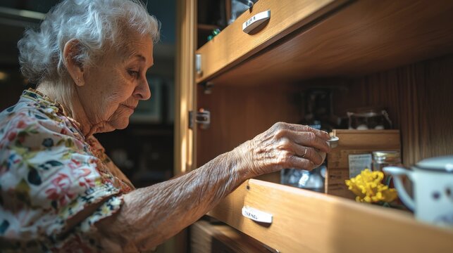 Elderly Woman Organizing Items in Wooden Cabinet