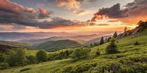 Panoramic View of Nature Symbolizing Hope, Love, and Faith with a Vibrant Sunset Over a Serene Landscape, Evoking Feelings of Peace and Tranquility in a Beautiful Setting
