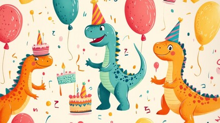 Fototapeta premium Cute Dinosaurs Celebrate Birthday with Cake and Balloons