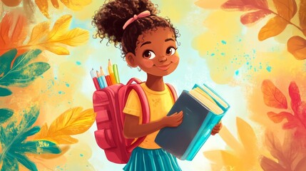 Smiling School Girl with Backpack and Books in Autumn
